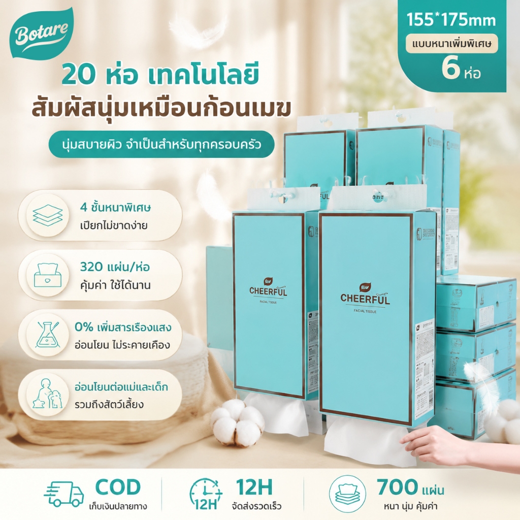 【ของแท้】Botare กระดาษทิชชู่ กระดาษทิชชู่แบบแขวน กระดาษทิชชู่ 4 ชั้นคุณภาพสูง 6 แพ็ค 1920 แผ่น ขนาด 155x175 มม. หนาพิเศษ นุ่มลื่น ไม่ยับเมื่อเปียก คุ้มค่าครอบครัว ดึงง่าย ตุนไว้ใช้ยาว