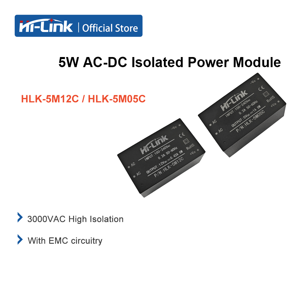 2/5PCS Hi-Link HLK-5M05C / HLK-5M12C 5W AC-DC Isolated Power Module 85-265VAC ถึง 5V/12V โมดูลอุตสาห