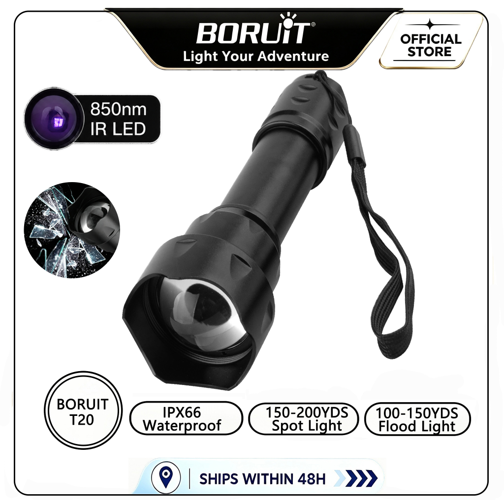 Boruit T20 อินฟราเรด Night Vision LED ซูมไฟฉาย IPX6 ไฟฉายกันน้ํา