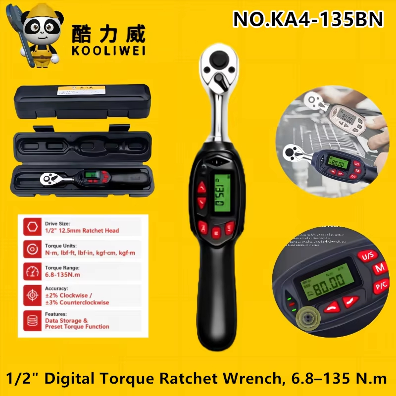KOOLIWEI KA4-135BN ประแจแรงบิดดิจิตอลสั้น 1/2" ไดรฟ์ ±2% 999Mem 6.8-135N.m Anti-Overload สําหรับแน่น