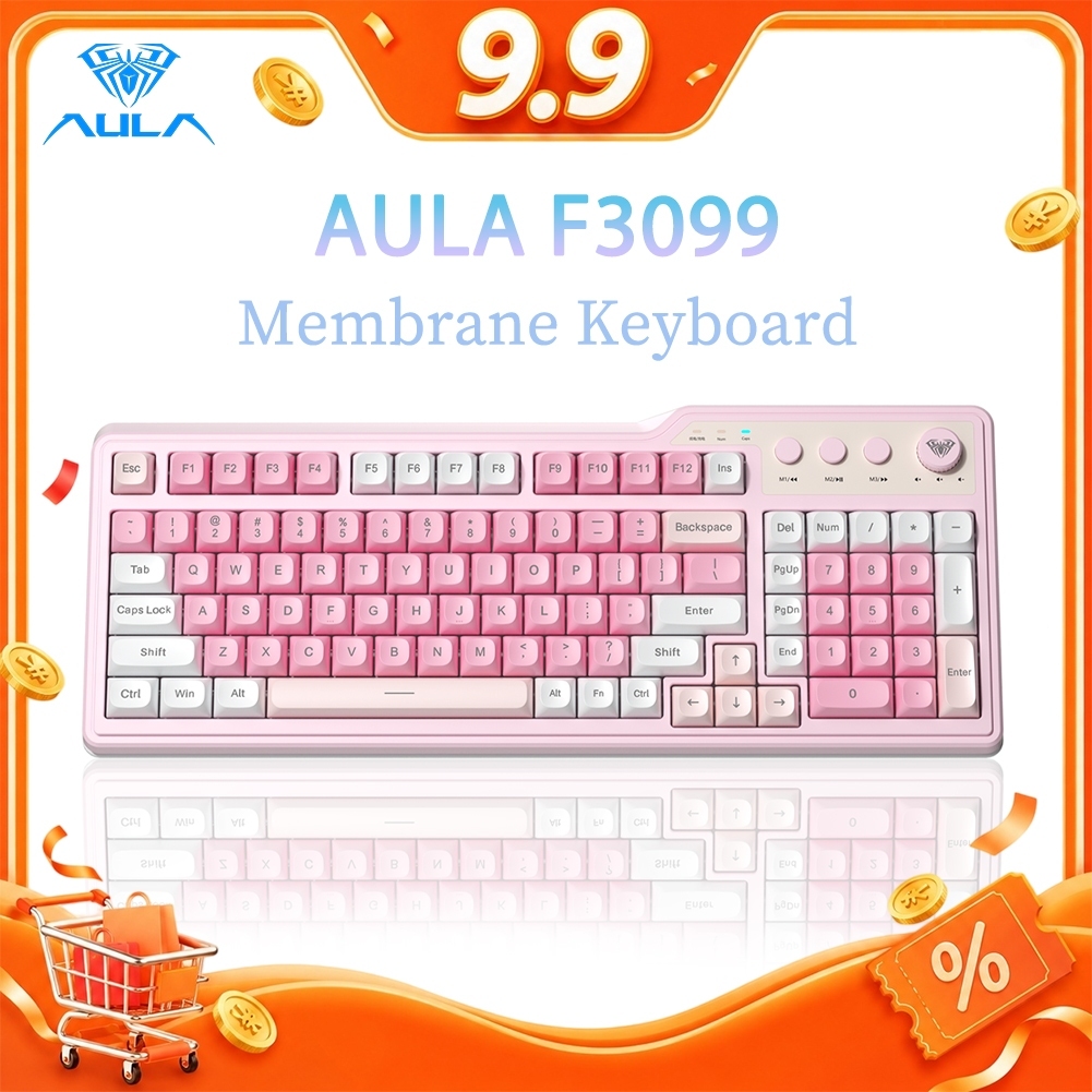 AULA F3099 คีย์บอร์ดเมมเบรน 99 คีย์ Tri-mode RGB Multi-function Roller สําหรับคีย์บอร์ดไร้สายสํานักง