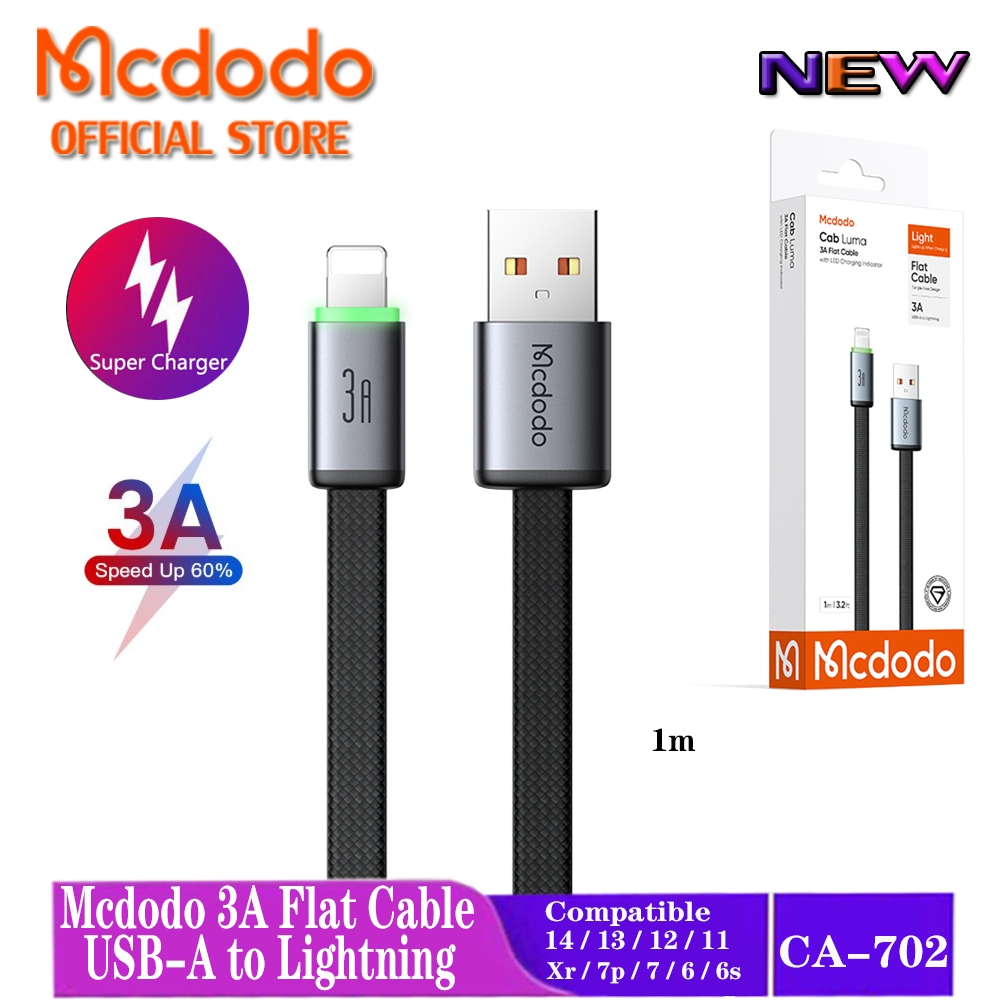 Mcdodo 3A ไนลอนแบน Braided Lightning CABLE Fast ชาร์จ LED แสดงสถานะ Charger สายไฟ Data Sync สําหรับ 