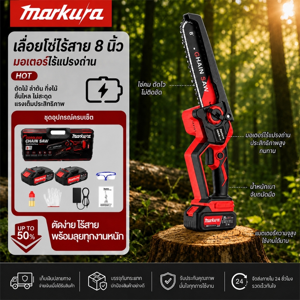 MARKURA เลื่อยไฟฟ้าไร้สาย 8 นิ้ว 21V มอเตอร์ไร้แปรงถ่าน หน้าจอเช็กแบตได้ เลื่อยโซ่ไร้สาย เลื่อยไฟฟ้า แบต 10 เซลล์ 2 ก้อน ใช้งานได้นาน อุปกรณ์ครบชุด