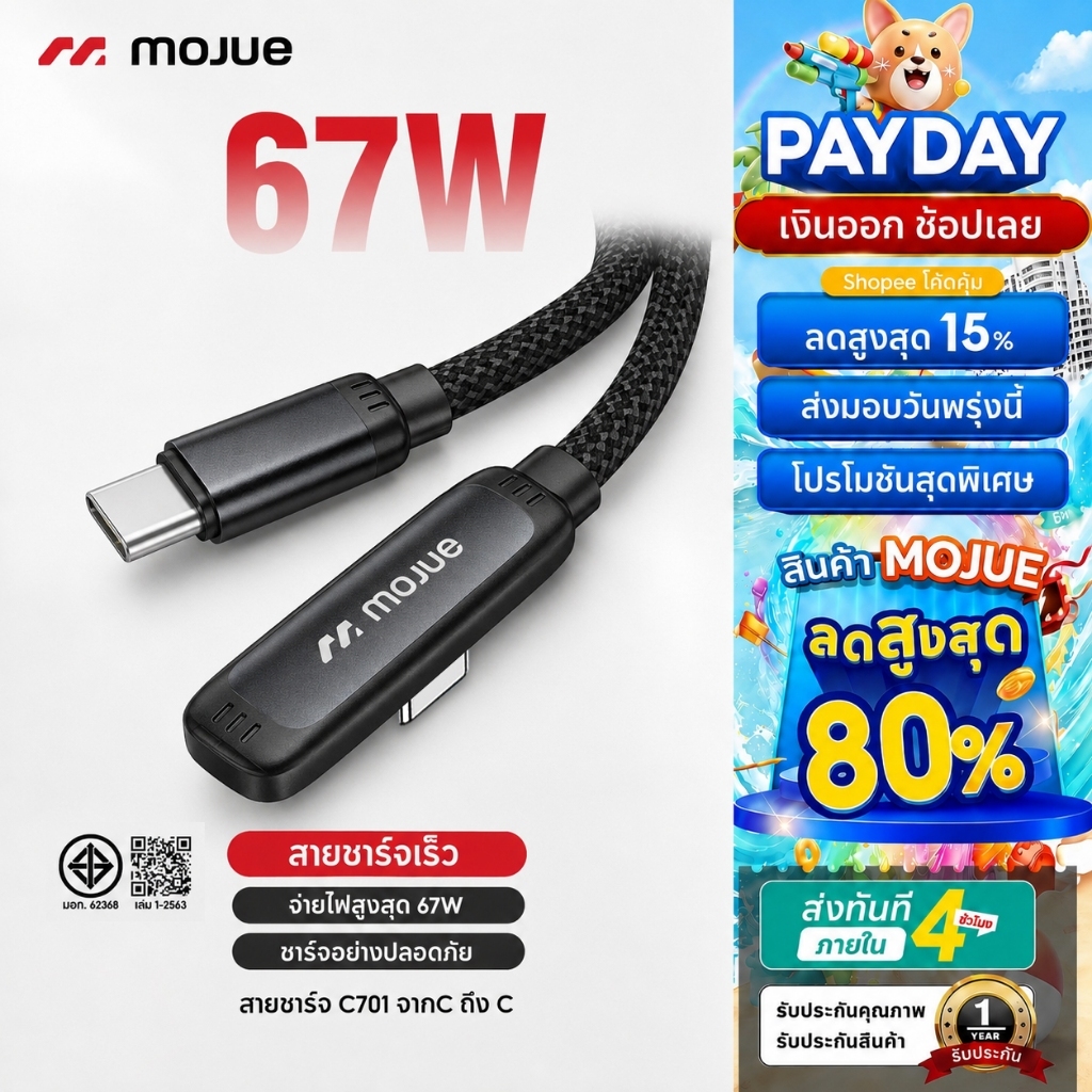 MOJUE C701 สายชาร์จเกม 90° สำหรับเล่นเกม 35W Ligh&ning 67W Type-C ยาว 1.2 เมตร ชาร์จเร็ว ไม่เกะกะมือ ไม่ร้อน