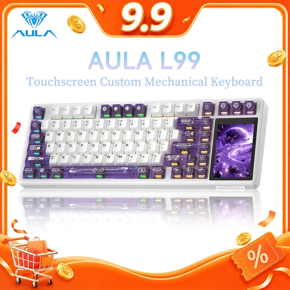 AULA L99 สมาร์ทจอแสดงผลคีย์บอร์ดแบบกลไก Tri-Mode Touch Control 8000mAh แบตเตอรี่คีย์บอร์ดเกมที่ปรับแ