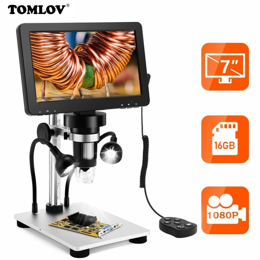 TOMLOV กล้องจุลทรรศน์ดิจิตอล LCD 7 นิ้ว HD 1080P 1200X การบัดกรีแว่นขยาย PCB ซ่อม (DM9)
