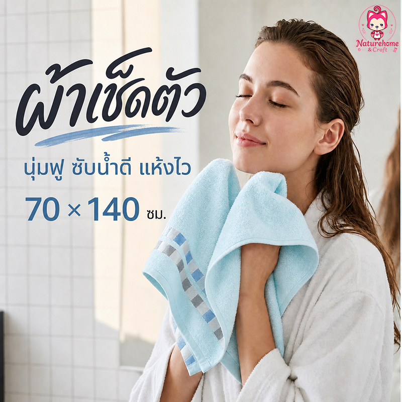 ผ้าเช็ดตัว 100% cotton ผ้าขนหนูหนา ซับน้ำดี 70*140cm ผ้าขนหนูหนาและนุ่ม อัพเกรดคุณภาพผ้า ดูดซับน้ำได้ดี ไม่เป็นขุย