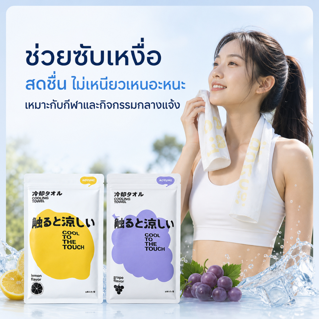 【ไอเทมคลายร้อนประจำซัมเมอร์ ❄️】AOYUMI ผ้าเย็นสำหรับผู้ใหญ่ ผืนยาว 68×24 ซม. คล้องคอได้ ช่วยซับเหงื่อ เย็นสดชื่น พกพาง่าย มี 2 กลิ่น เลมอน/องุ่น 5 ผืนต่อแพ็ก