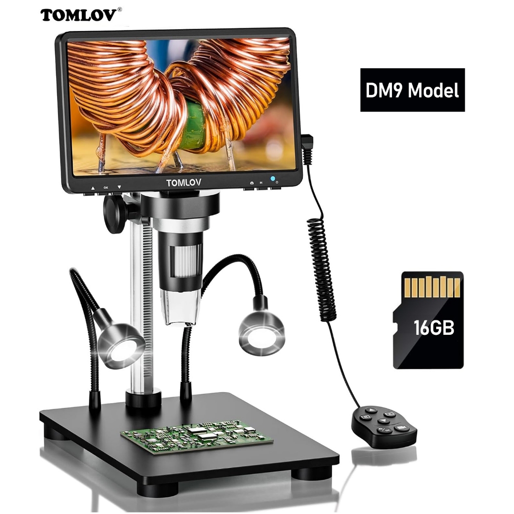 TOMLOV DM9 7 นิ้วกล้องจุลทรรศน์ดิจิตอล 1080P 1200X เหรียญกล้องจุลทรรศน์แว่นขยาย 12MP Ultra-Precise F