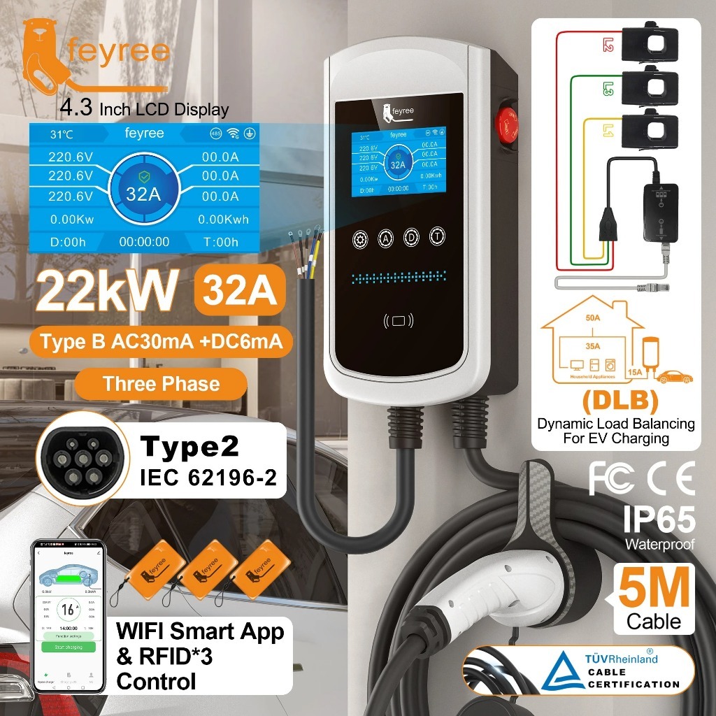 Feyree Type2 32A 7.6KW EV Charger หน้าจอ 4.3 นิ้วสําหรับแบบไดนามิกโหลด Blancing ฟังก์ชั่น 11KW 22KW 