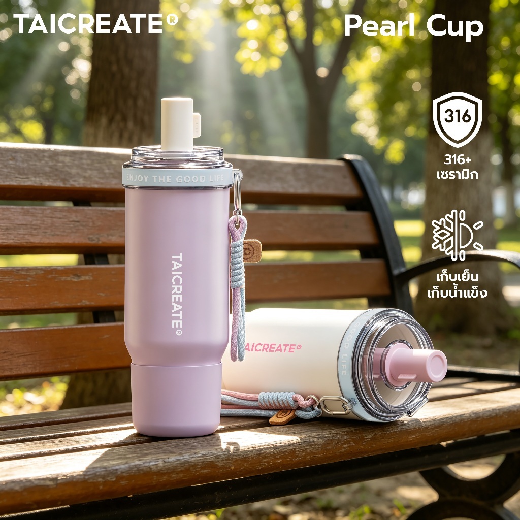 TaiCreate® แก้วน้ําเก็บความเย็น PearlCup 900ml/600ml สแตนเลส 316L เคลือบเซรามิก กระติกน้ำพกพา เก็บความร้อน‑เย็น กันรั่ว เหมาะสำหรับ การเดินทาง