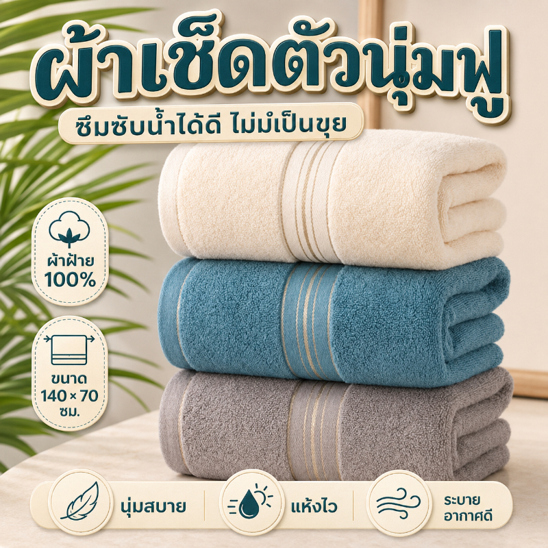 ผ้าขนหนูอาบน้ำ Cotton100% ผ้าเช็ดตัว ซับน้ำ ได้ดี ซับน้ำดี 70*140cm อัพเกรดคุณภาพผ้า ไม่เป็นขุย ใช้ได้ทั้งผู้ใหญ่และเด็ก
