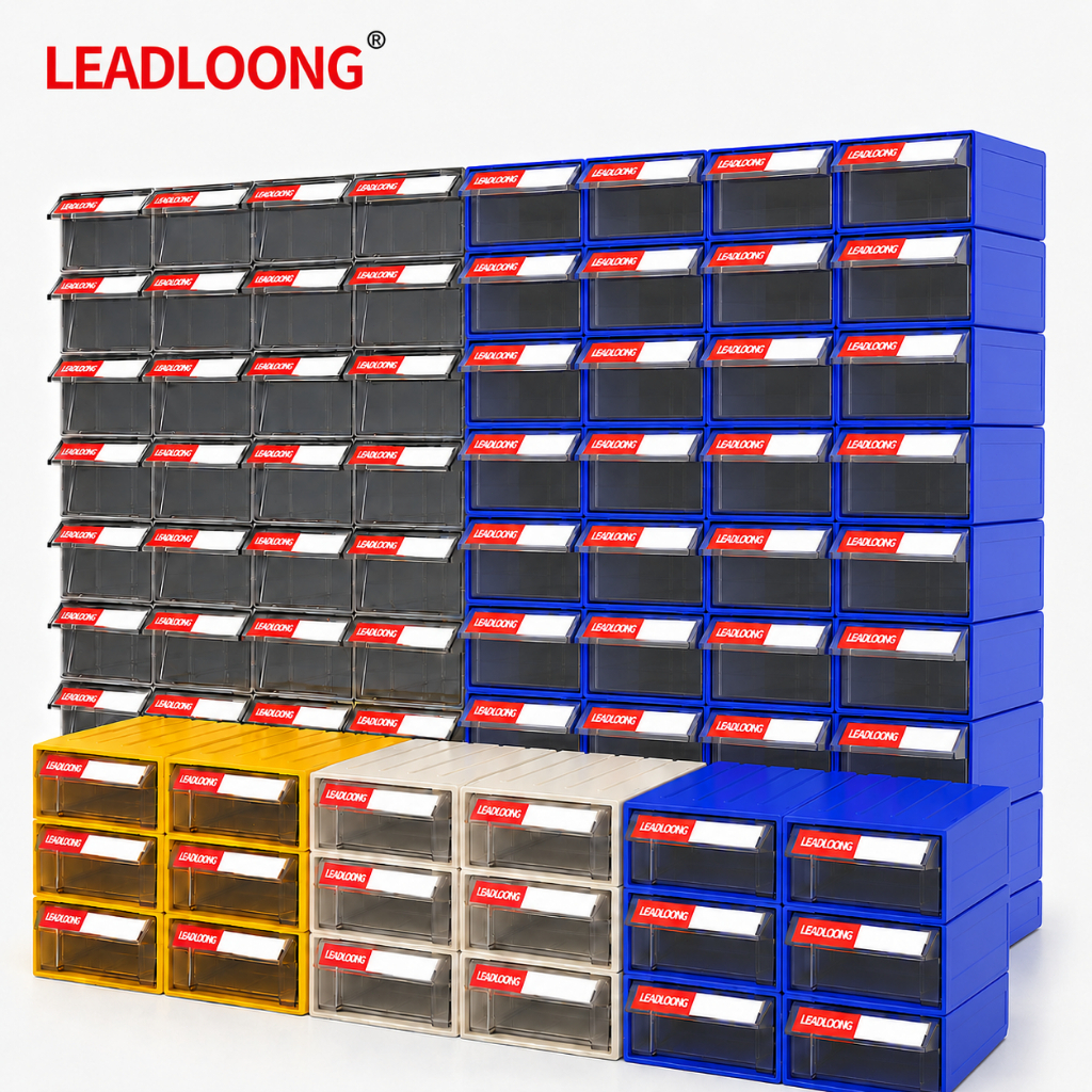 LEADLOONG F-Series 4/6 ชิ้น กล่องเก็บอะไหล่แบบลิ้นชัก กล่องเก็บน็อต พลาสติกขนาดเล็ก วางซ้อนกันได้