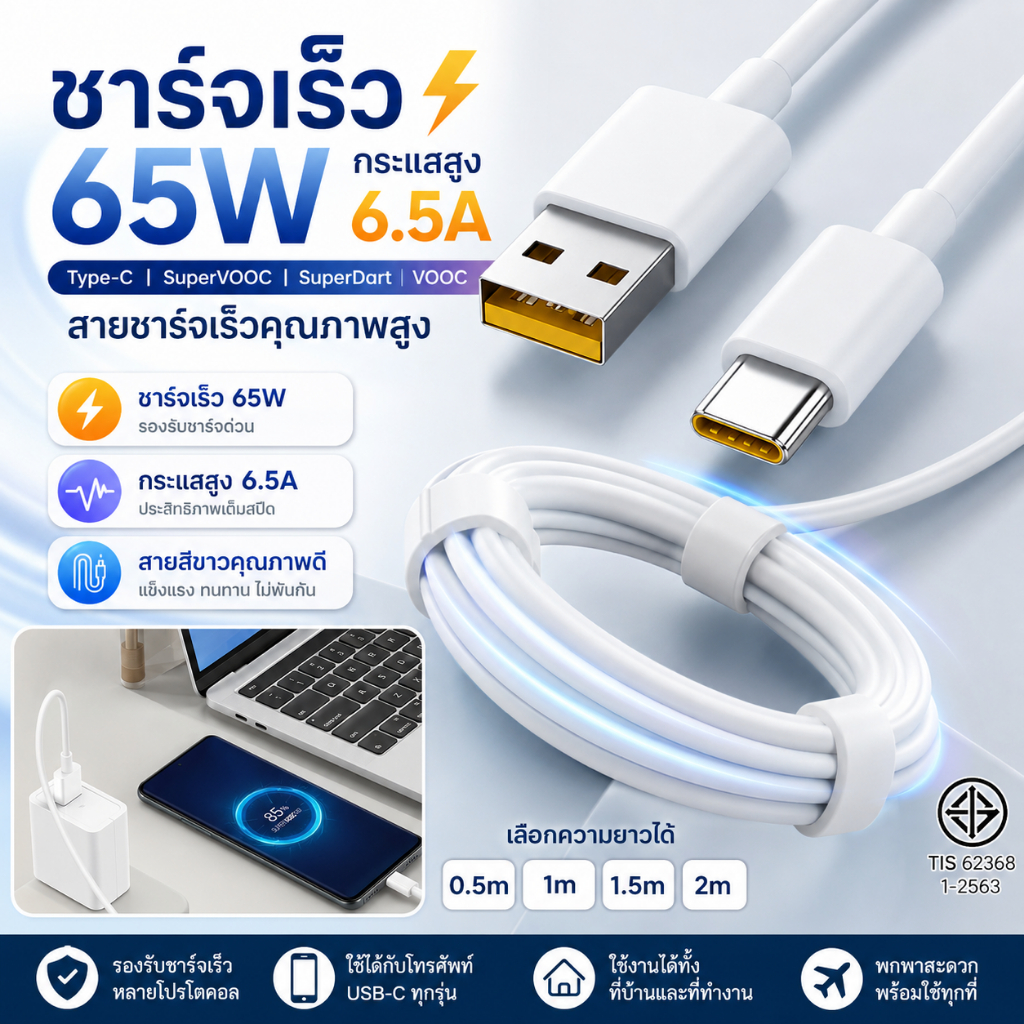 สายชาร์จเร็ว Type-C 65W 6.5A SuperVOOC / SuperDart สีขาว เลือกความยาวได้ 0.5m 1m 1.5m 2m รองรับชาร์จ