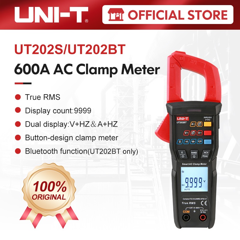 UNI-T UT202BT UT202S True RMS เครื่องวัดแคลมป์ดิจิตอล 600A AC Digital Clamp Meter NCV Resistance Capacitance Measurement