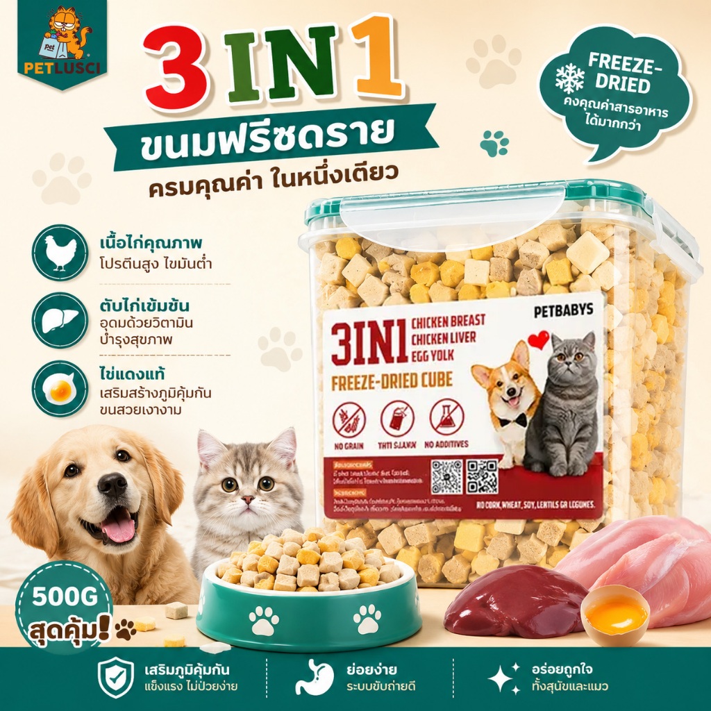 PETLUSCI® 😸MIX 3 ชนิด🔥 อกไก่ฟรีซดราย 500 ก ขนมในถัง Freeze Dried 100%ฟู้ดเกรด ขนมแมว ขนมสุนัข แมวและสุนัข