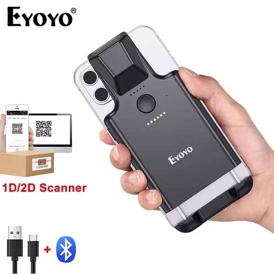 Eyoyo 1D 2D QR Code Back Clip Bluetooth Barcode Scanner โทรศัพท์ทํางานแบบพกพา Barcode Reader ข้อมูล 