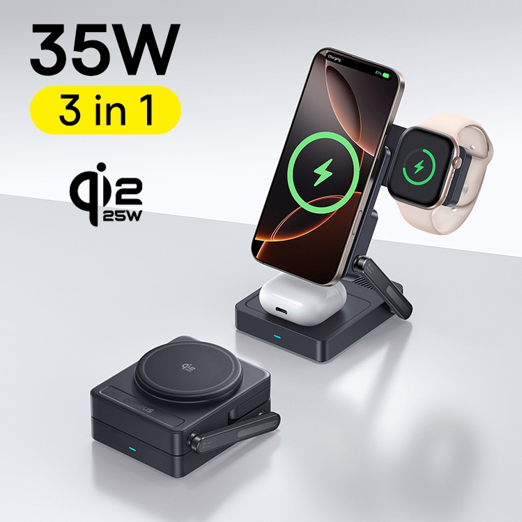 Baseus PicoGo AF21 35W แบบพกพา 3 in 1 Qi2.2 แท่นชาร์จไร้สายอย่างรวดเร็วพร้อมการออกแบบระบายความร้อนแบบโมดูลาร์สําหรับหูฟังนาฬิกาโทรศัพท์