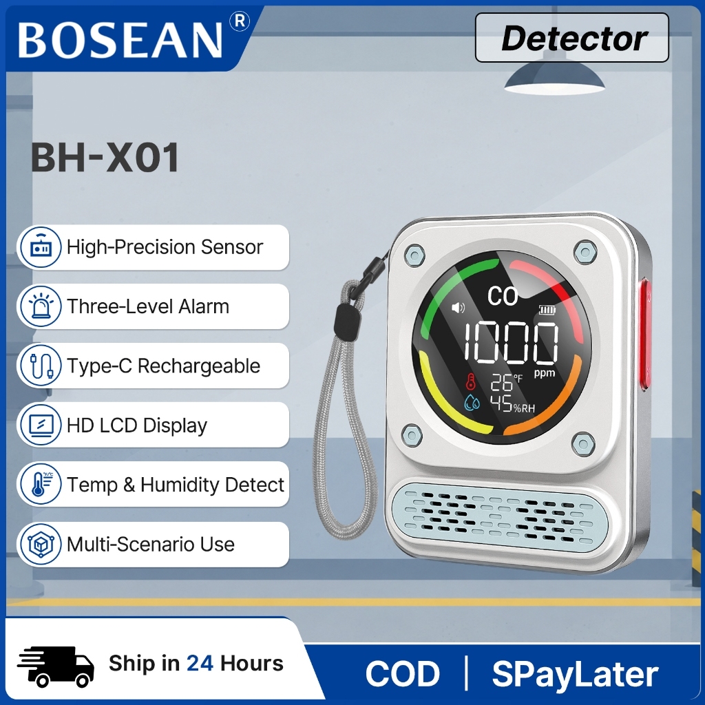 BOSEAN X01 Professional Gas Detector เครื่องตรวจจับคาร์บอนมอนอกไซด์พกพา เครื่องเตือนรั่วก๊าซ CO เตือนเสียง+แสง ชาร์จ Type‑C ใช้บ้าน รถ แคมปิ้ง