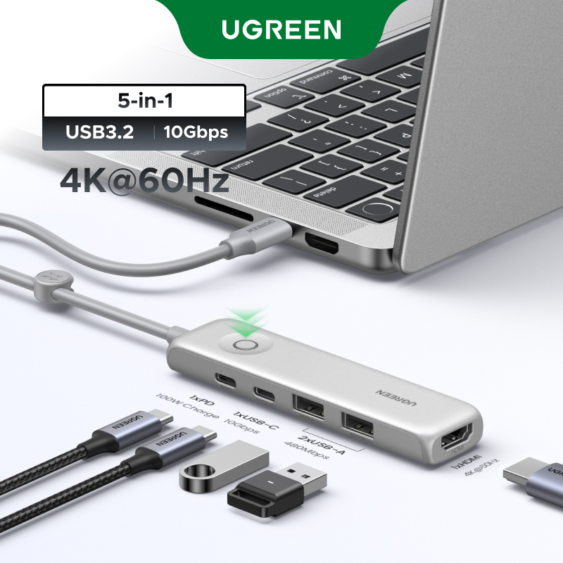 UGREEN ฮับ 5-in-1 100W PD Charge 4K @ 60Hz HDMI 10Gbps การถ่ายโอนข้อมูลพร้อมปุ่มล็อคหน้าจอเข้ากันได้