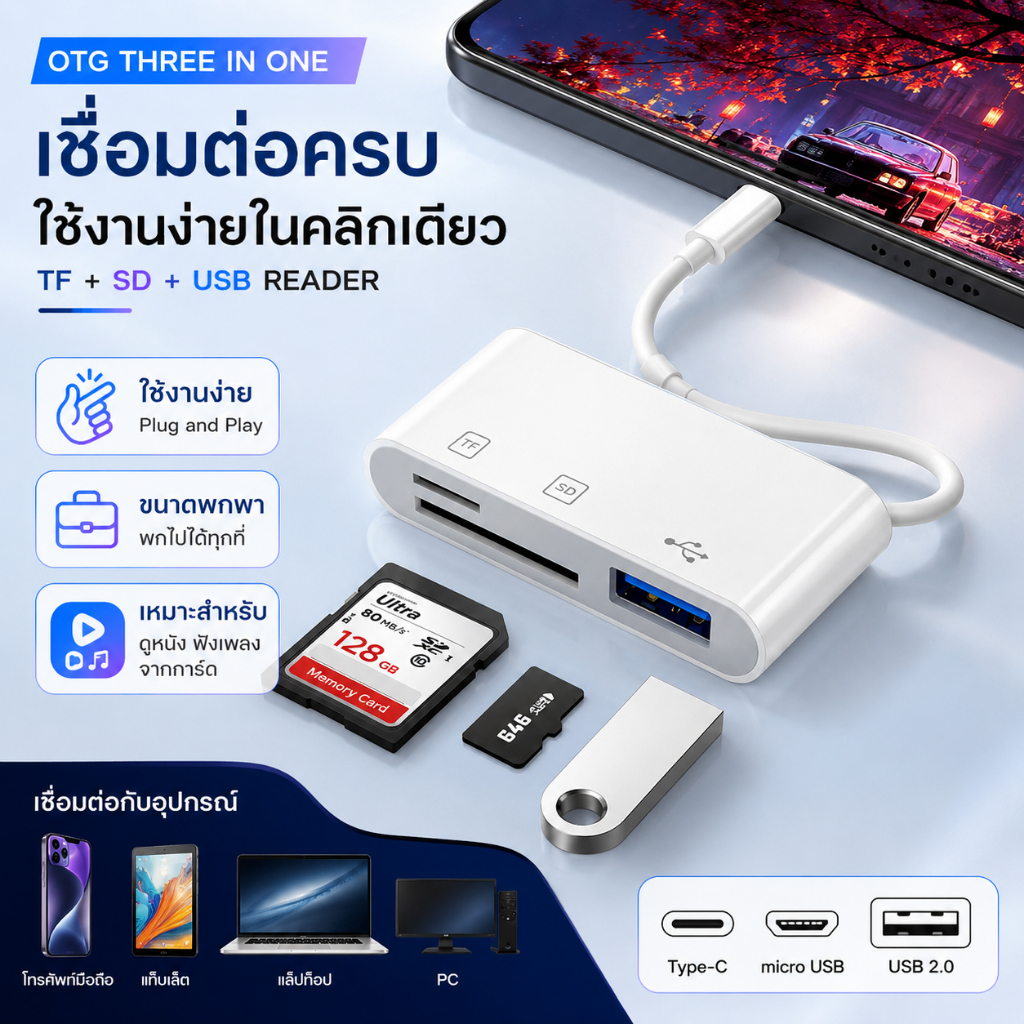 สายแปลง OTG 3in1 Type-C/iOS ไป USB เครื่องอ่านการ์ด SD TF เชื่อมต่อคีย์บอร์ด เมาส์ ดูหนังฟังเพลงจากแฟลชไดร์ฟ newrgy.th.th