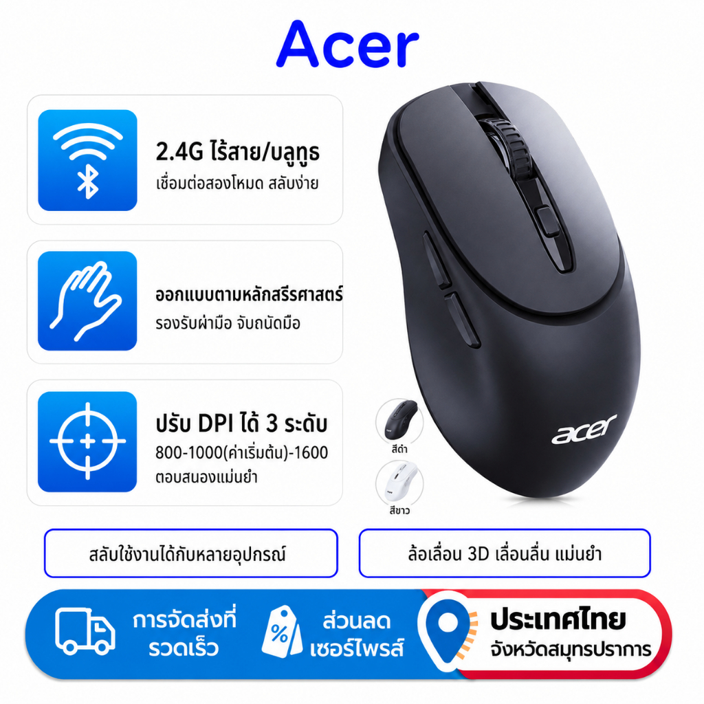 Acer OMR295 เมาส์ไร้สายสองโหมด BT 5.0 & 2.4GHz พร้อมการออกแบบน้ําหนักเบาบางเฉียบ Silent Click, Ergonomic & Plug-and-Play สําหรับแล็ปท็อป, PC, MacBook, แท็บเล็ต
