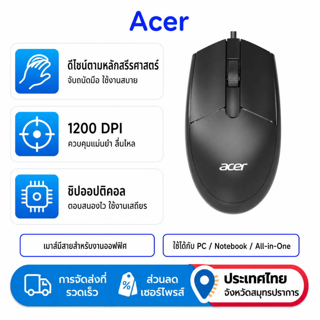 Acer OMW910 เมาส์สํานักงานแบบมีสาย 1200 DPI Optical Ergonomic Mouse ด้ามจับสบายสําหรับแล็ปท็อปคอมพิวเตอร์เดสก์ท็อป