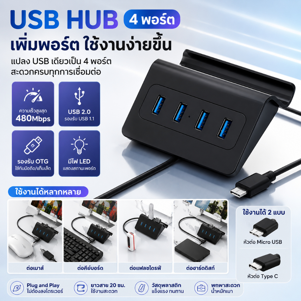 ฮับ ยูเอสบี 2.0 4 พอร์ตพร้อมการสนับสนุน OTG สําหรับโทรศัพท์มือถือ แท็บเล็ต และพีซี ความยาวสายเคเบิล 20 ซม. ปลั๊กแอนด์เพลย์ ไฟบอกสถานะ นํา วัสดุพลาสติกเสร็จสิ้นเปียโน xiaoss.th