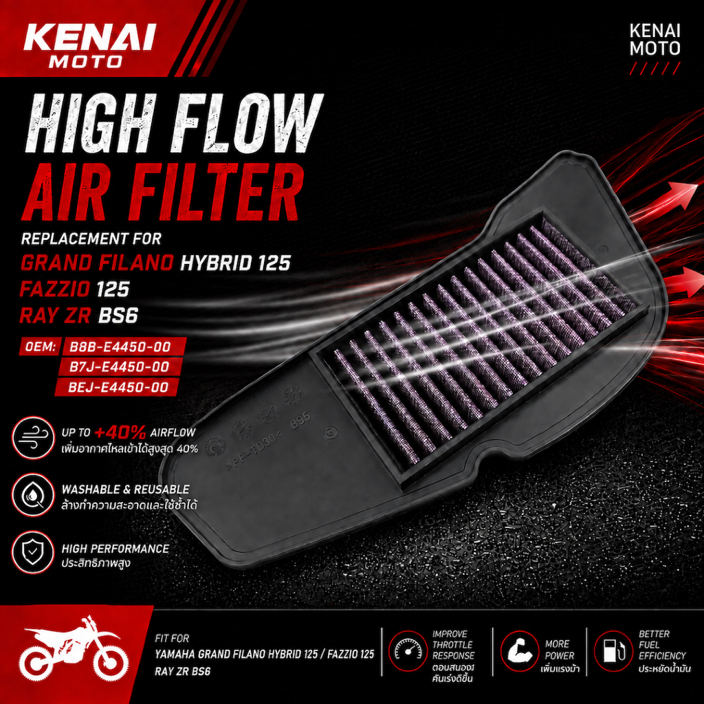 【KENAI】YAMAHA Fazzio 125 Grand Filano Hybrid 125 ไส้กรองอากาศสูงสำหรับรถยนต์แข่ง ไส้กรองอากาศแบบซักไ