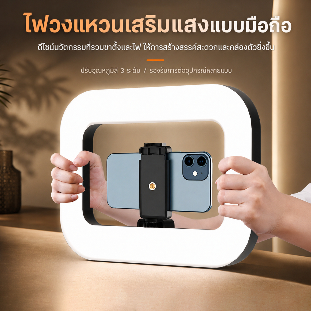 ไฟวงแหวน LED แบบมือถือ 20W ไฟไลฟ์สด ไฟถ่ายรูป ปรับแสงได้ 3 สี หรี่ความสว่างได้ ปรับอุณหภูมิสี 2500K-8500K ชาร์จไฟได้ พร้อมที่จับโทรศัพท์ ช่องต่ออุปกรณ์ Cold Shoe 3 จุด ติดตั้งบนขาตั้งได้ ถ่ายได้ทั้งแนวตั้งและแนวนอน สำหรับถ่ายวิดีโอ Vlog เซลฟี่ รีวิวสินค้า