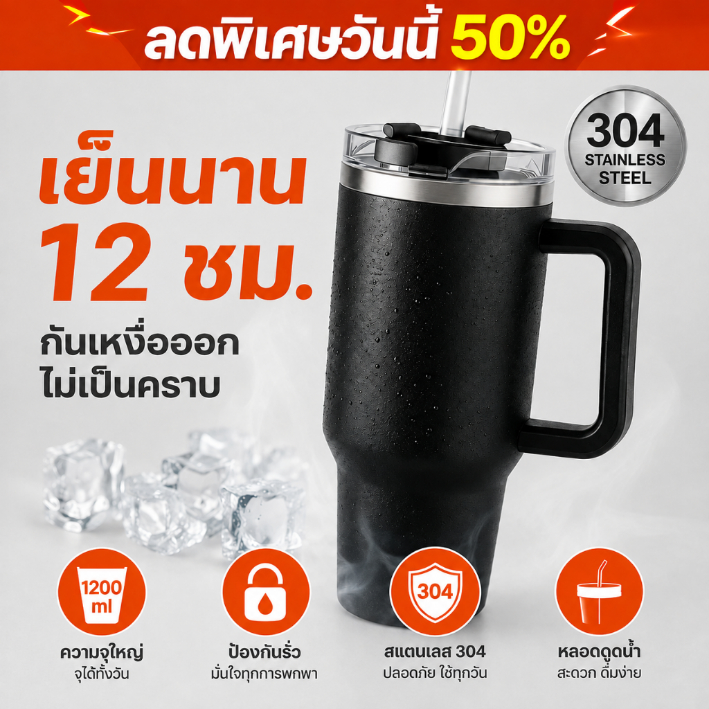 แก้วน้ำกระบอกแก้วสองชั้น ความจุใหญ่ 1200 มิลลิลิตร เก็บความร้อนเก็บความเย็นได้ มีหูหิ้วและซีลกันรั่ว