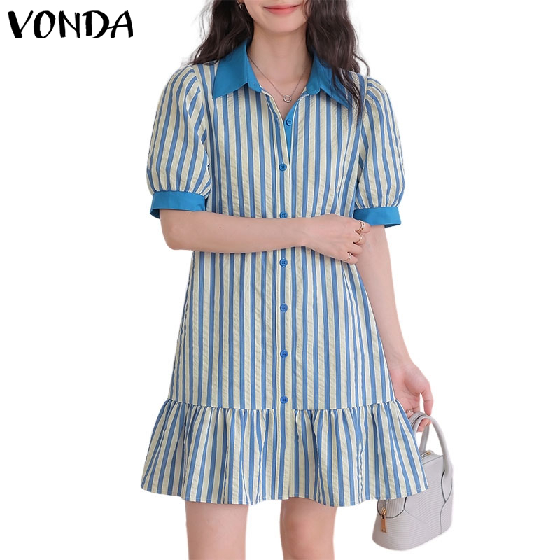VONDA ผู้หญิงเกาหลี Plus ขนาด Girlish หวานแขนโคมไฟสีบล็อกลาย Ruffles Hem A-Line ชุด