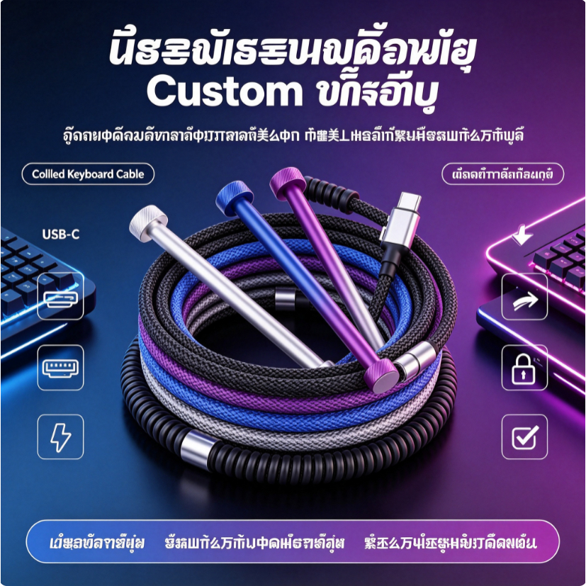 สายคีย์บอร์ด Custom แบบขด (Coiled Keyboard Cable) พร้อมตัวล็อกกันหย่อน สายชาร์จและรับส่งข้อมูลความเร็วสูงแต่งโต๊ะทำงาน