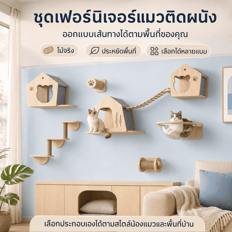 คอนโดแมวติดผนัง DIY ไม้จริง รับน้ำหนักได้ ประกอบได้หลายแบบ