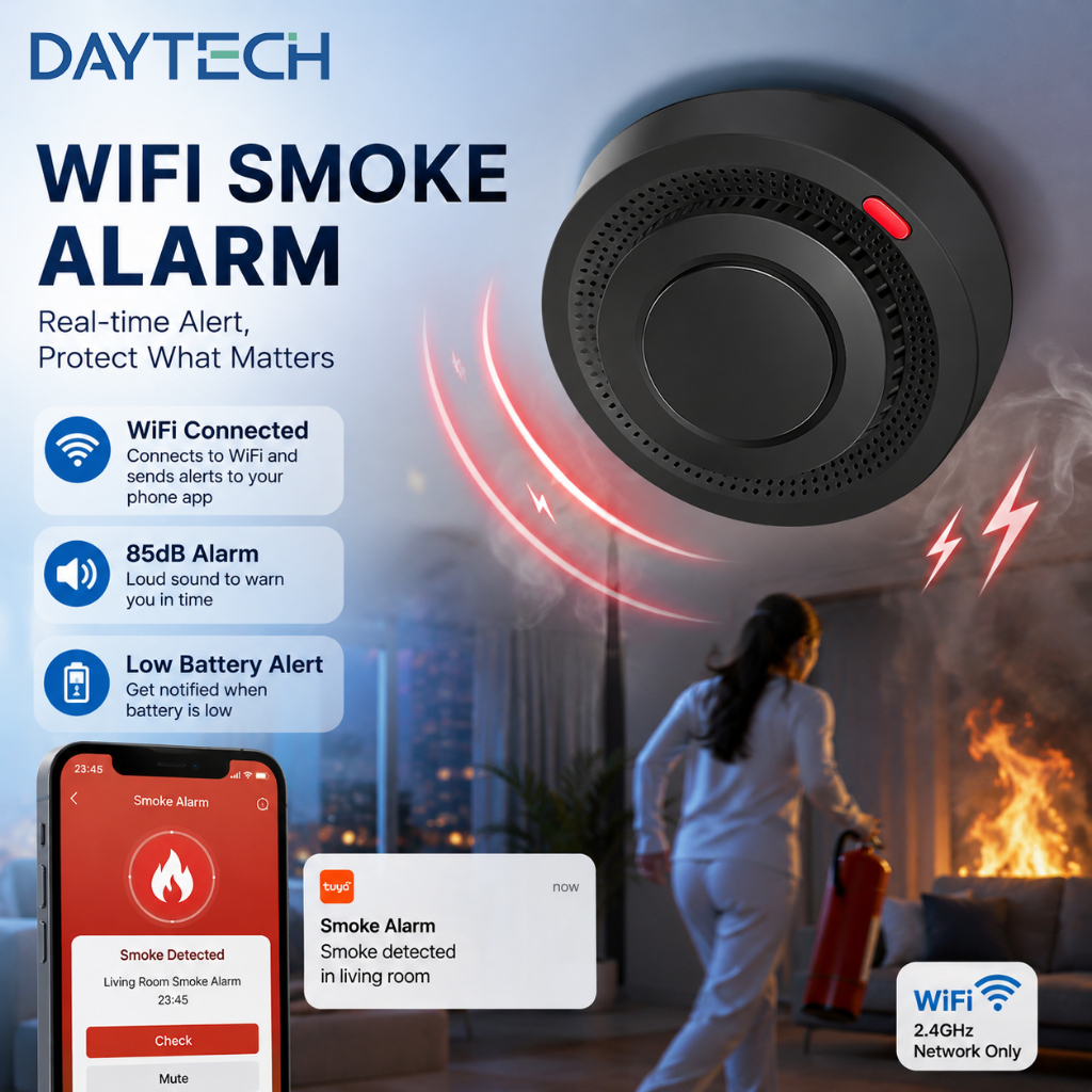 【fast shipping】COD  Daytech smoke detector เครื่องตรวจจับควัน WiFi 60㎡ การควบคุมผ่านแอพ