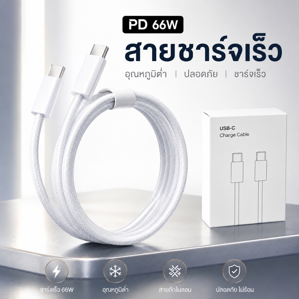 สายชาร์จ ชาร์จไว PD 66W สายยาว 1/1.5 /2เมตร USB-C to Type-C ชาร์จเร็วสำหรับ Phone 15/16/17 ProMax