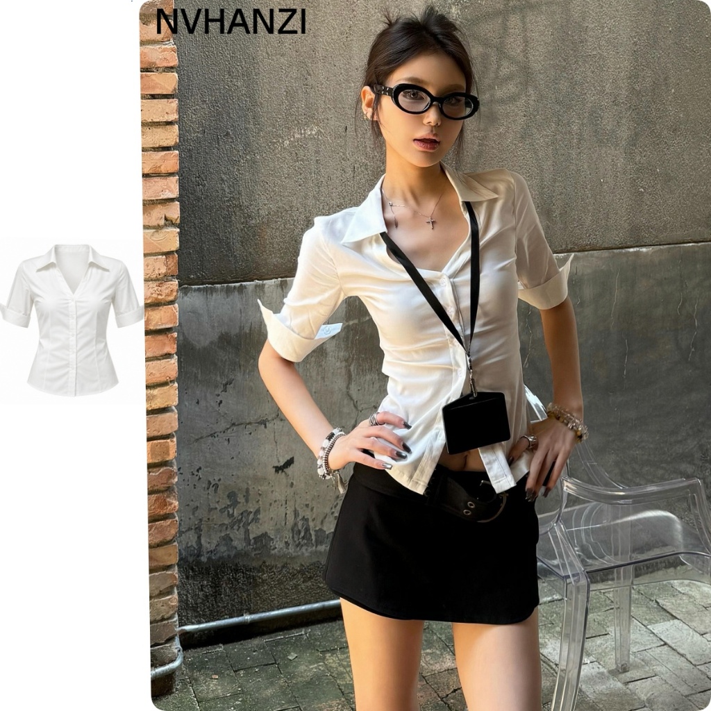P POLO เสื้อคอวีแขนสั้นเสื้อยืดหญิงเซ็กซี่สาวร้อน Slim-fit Nar