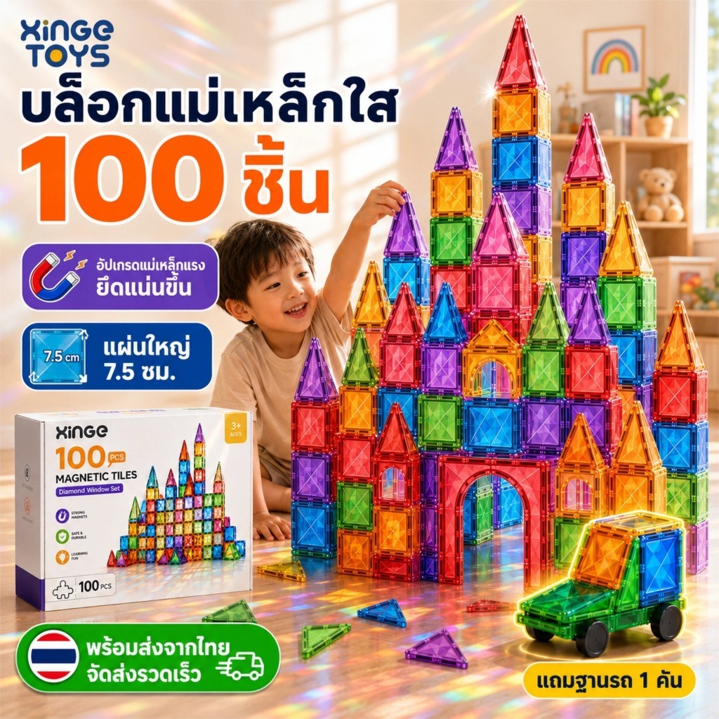 พร้อมส่ง บล็อกแม่เหล็ก Magnetic Tiles 100 ชิ้น สีใสโปร่งแสง ของเล่นเสริมพัฒนาการเด็ก STEM 3D ต่อสร้าง สำหรับเด็ก 3 ปีขึ้นไป