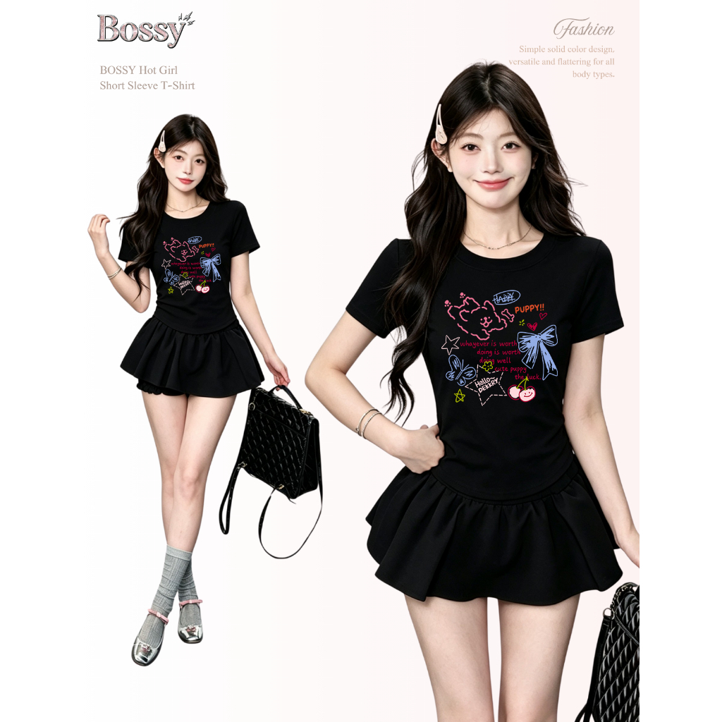BOSSY เสื้อโปโลแขนสั้นคอโปโล สไตล์อเมริกันวินเทจ ลายโบว์ ทรงเข้ารูป ผ้าฝ้าย100%#HXDX5778