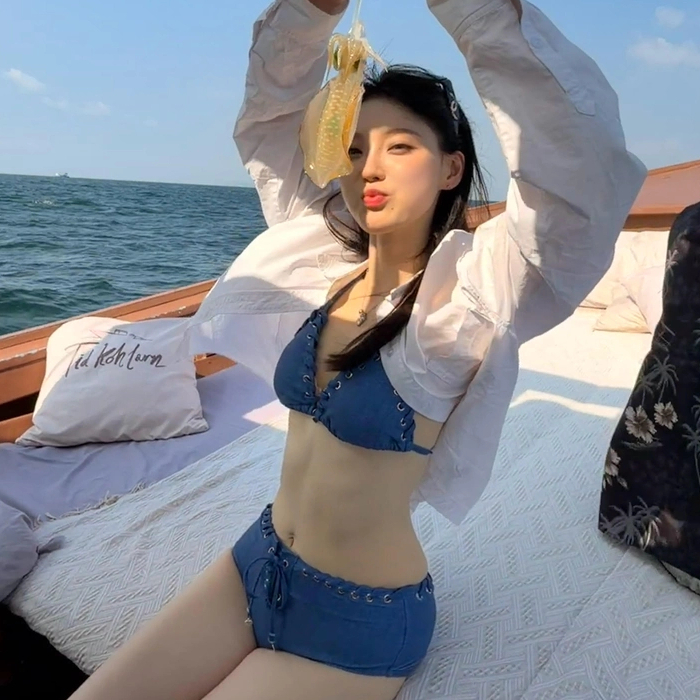 ชุดว่ายน้ำบิกินี่แฮนด์เมดผ้าเดนิม แบบผูกเชือก สองชิ้น สไตล์ซัมเมอร์