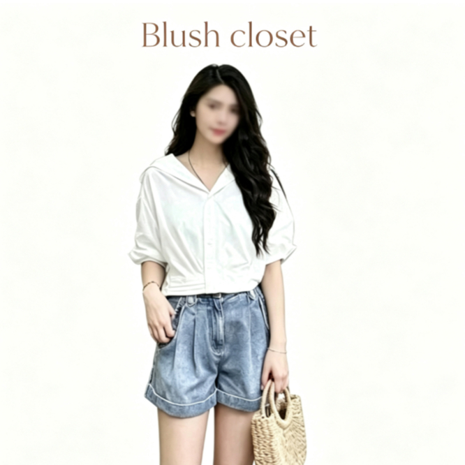 นมสีขาวแคบ-เอวเสื้อสั้นกองทัพเรือปกขนาดใหญ่กลางเอวขนาดเล็กสดชื่น ผอมลง ดูสวมใส่ด้านนอกด้านบนขนาดเล็ก