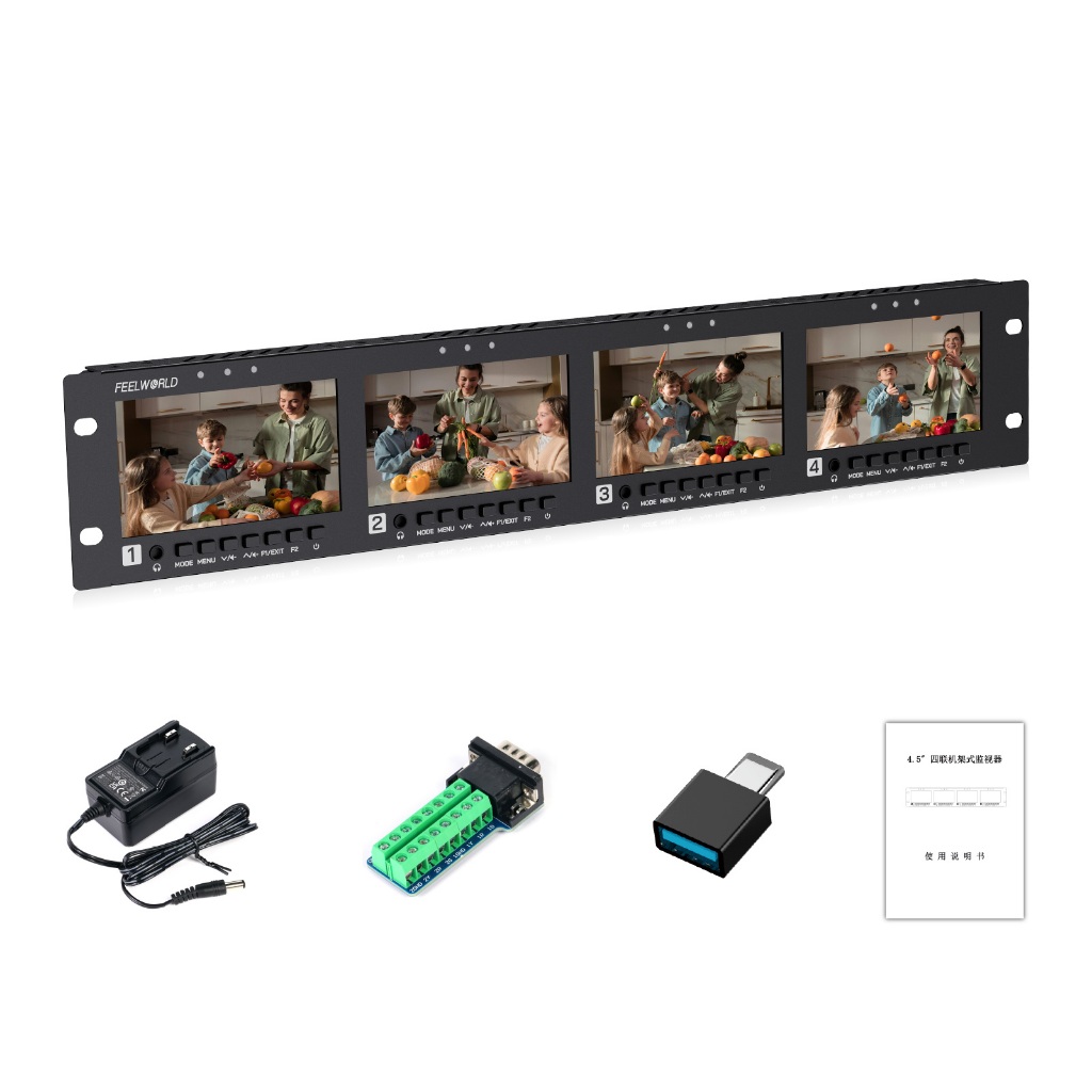 FEELWORLD Q41 2RU Quad 4.5 นิ้ว HDMI 3G-SDI Rack Mount Monitor CVBS ออกอากาศจอแสดงผล, 3D LUT, Wavefo