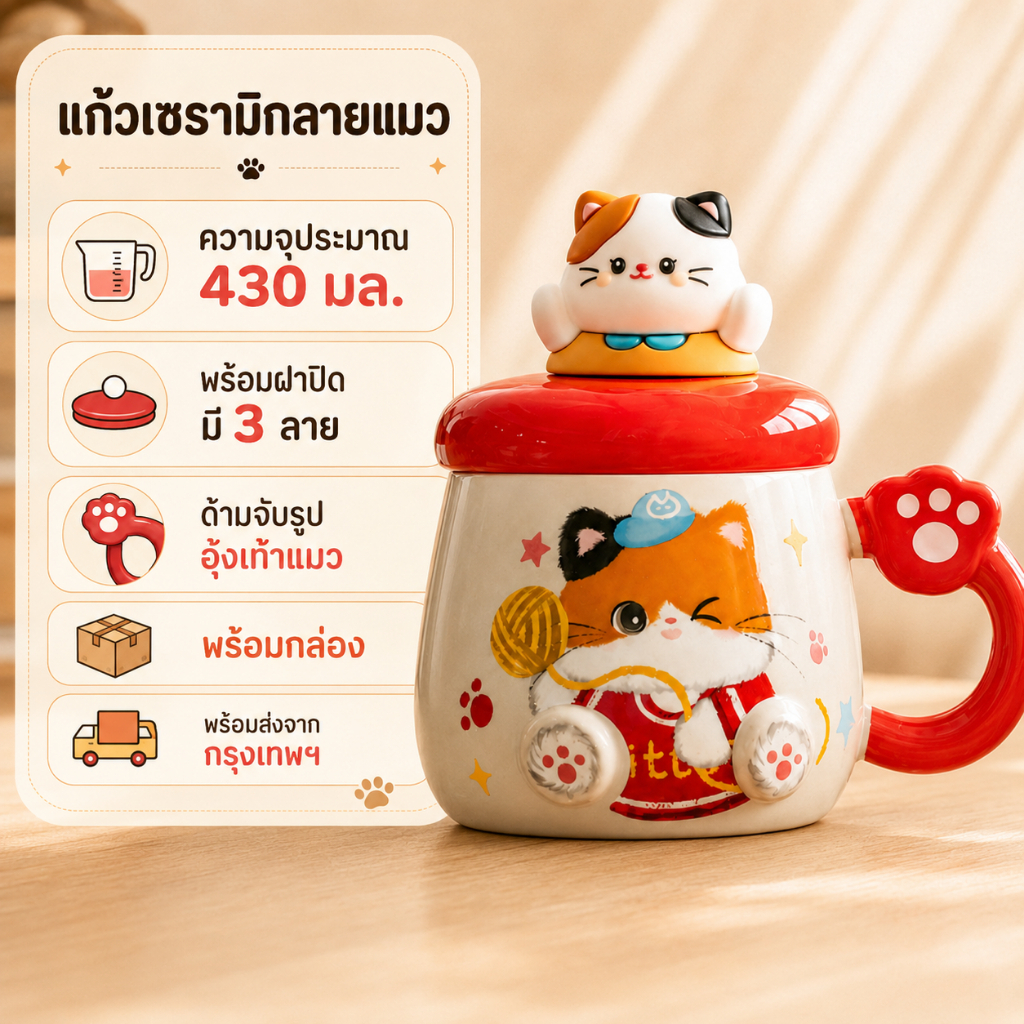 แก้วเซรามิกลายแมวน่ารัก 430 มล. พร้อมฝาปิด ด้ามจับอุ้งเท้าแมว มี 3 ลาย สำหรับกาแฟ ชา ของขวัญ ส่งจากกรุงเทพฯ