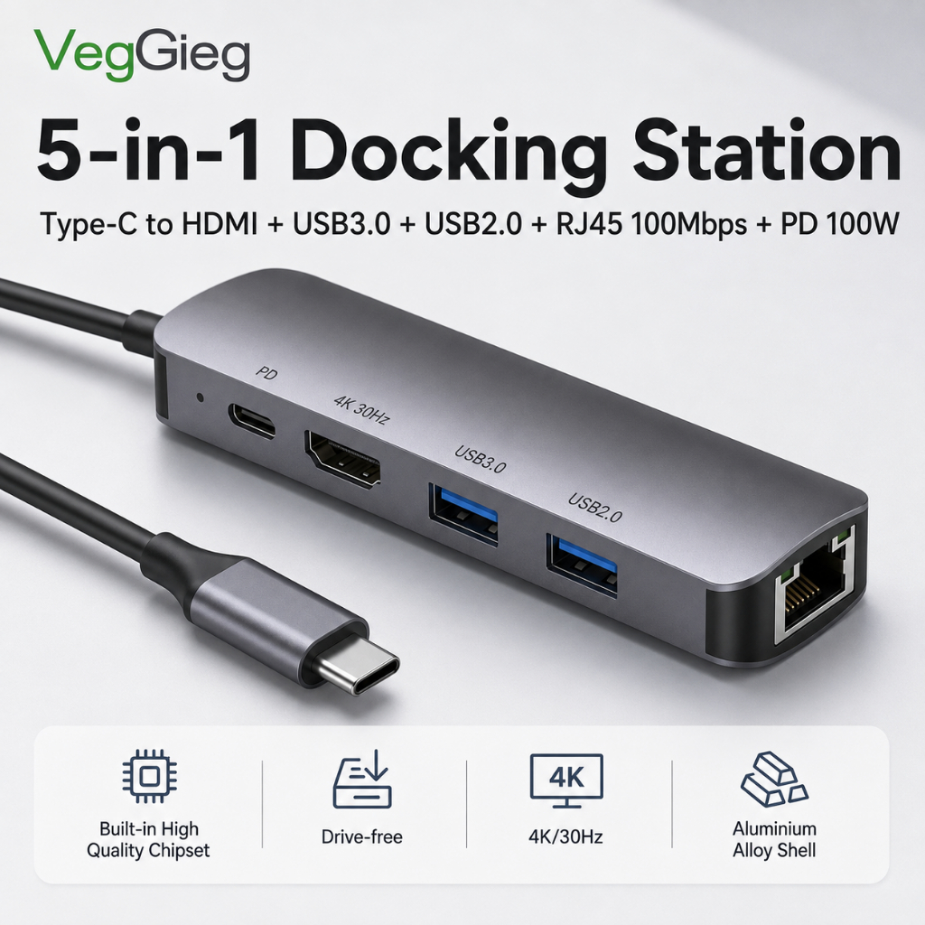 VegGieg Type-C Docking Station 5 in 1 HUB HDMI + USB3.0 x 3 + PD100W Multi-Function Converter 4K HD หน้าจอโปรเจคเตอร์อลูมิเนียมกรณี MacBook โน้ตบุ๊คเหมาะสําหรับ