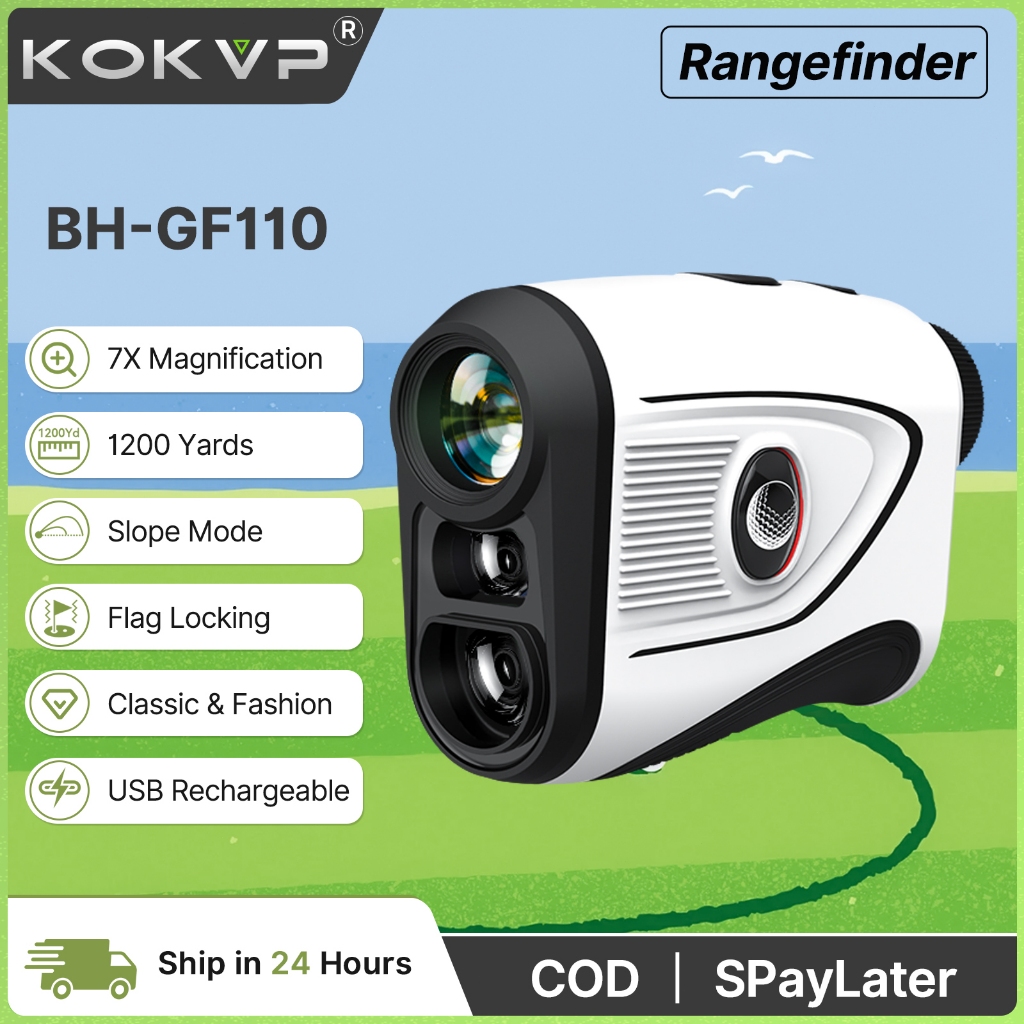 เครื่องวัดระยะเลเซอร์กอล์ฟ KOKVP GF110 มีแม่เหล็กในตัว วัดระยะสูงสุด 1200 หลา ขยายภาพ HD 7 เท่า โหมดชดเชยความลาดเอียง กันน้ำ ชาร์จได้ พกพา สำหรับนักกอล์ฟกลางแจ้ง