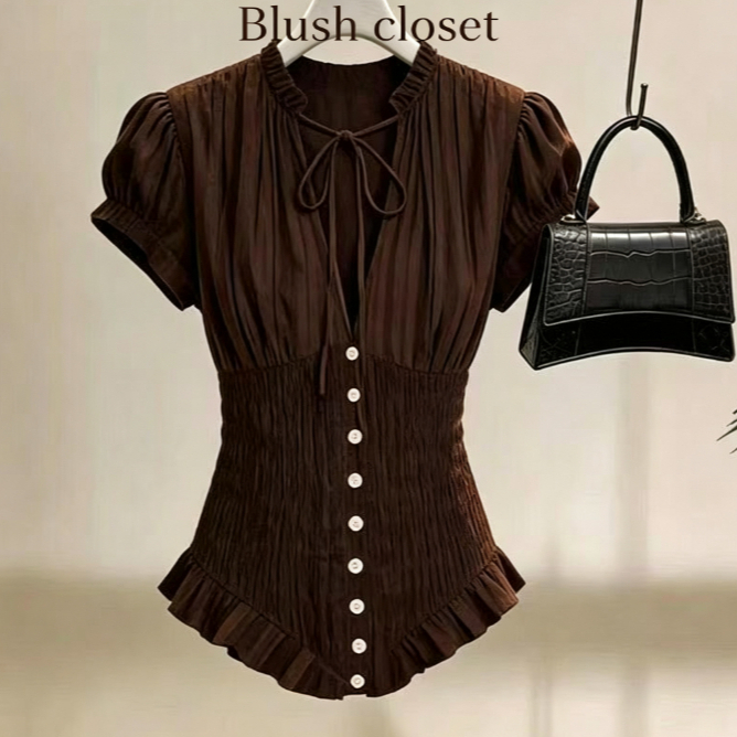 สไตล์หวานพัฟแขนเสื้อโบว์ผู้หญิงแคบ-เอว Lace-Up Ruffled French Petty Boruieoisie สวยด้านบน 2026 ฤดูร้อน
