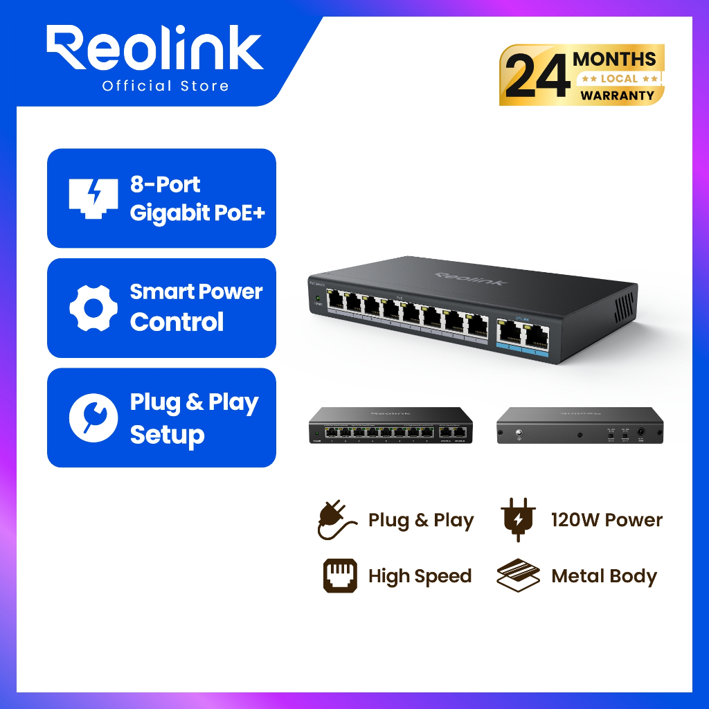 REOLINK RLA-PS1 สวิตช์ PoE 8 ช่อง + Gigabit 2 ช่อง | สำหรับกล้องและ NVR Reolink | เคสโลหะ