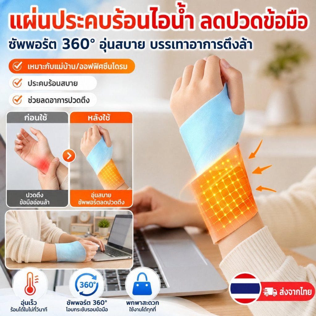 ส่งจากไทย แผ่นประคบร้อนด้วยไอน้ำสำหรับข้อมือ แก้เส้นเอ็นอักเสบ แผ่นร้อน แผ่นประคบร้อน พัน แบบพกพา ซัพพอร์ข้อมือ บรรเทาอาการปวด เคล็ดขัดยอก ข้อมือตึง อาการบวมและอักเสบ