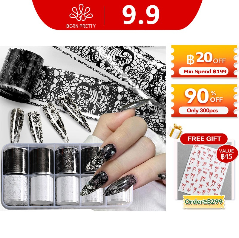 10 ม้วน/กล่องลูกไม้เล็บฟอยล์สติกเกอร์สีขาวสีดํา Transfer ฟอยล์ดอกไม้เล็บ Decals อะคริลิค DIY เล็บเล็บ Accessorie