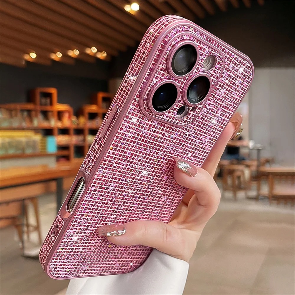 Luxury Glitter Rhinestoneเงาเคสโทรศัพท์สําหรับIPhone 11 16 14 15 Pro Max 12 13 ProMax 16Plusเลนส์ป้องกันกันกระแทกกันชนฮาร์ดโทรศัพท์ปกหลัง